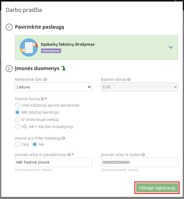 Įmonės duomenų įvedimo ir registracijos užbaigimo langas